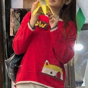 Red Pullover with Cartoon Patch