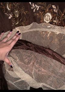 Embroidered Brown Tulle Layered Maxi Dress