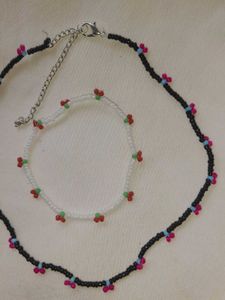 Beaded Cherry Necklace &amp; Bracelet Set 🍒