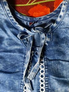 Denim Style Bell-sleeves Front-Bow Top