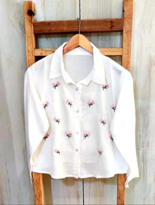 Floral Embroidered White Shirt Size-38-40
