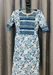 Blue Floral Cotton Kurti with Handblock Print