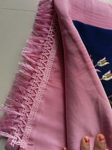 New Pink Saree With NavyBlue CutWork Blouse