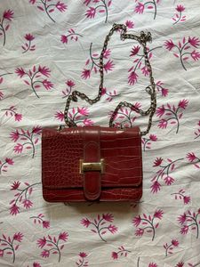 Red Sling Bag With Chain Strap