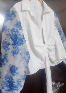 White Top Blue Floral Print Sleeves For 42 Bust