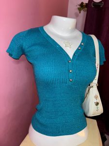 🌀y2k teal glittery fitted top 🌀