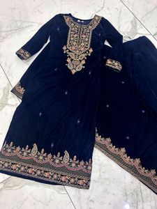 Premium Navy Blue Velvet Elegant Kurta Set