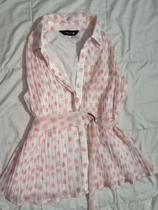 Pink Polka Dot Pleated Halter Top