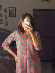 Pink & Green Floral Print Tunic Kurta