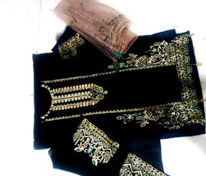 Semi Stitched Pakistani Suit Black Embroidered