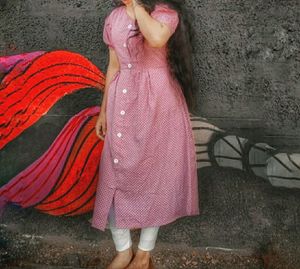 Baby Pink Gown With Beautiful Puff Sleeves . U Can adjust Waist Size Using A Tie Attached Along With It