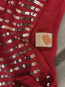 Red Sequin Embellished One-Shoulder Top