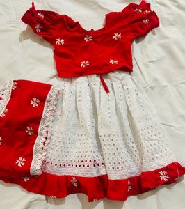 Red & White Embroidered Kids Outfit
