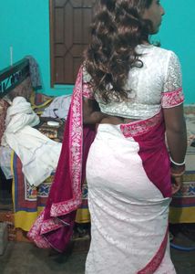 Elegant Purple &amp; White Saree With Blouse