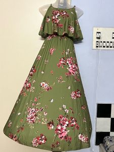 Sassafras Olive Floral Strappy Pleated Maxi Dress
