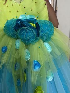 Lime Green And Sea Blue Asymmetrical Layered Gown