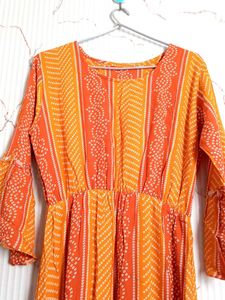 New Orange & White Print Dress Bandhej