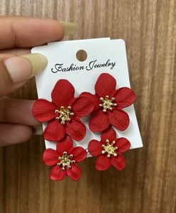 Red Double Flower Earrings