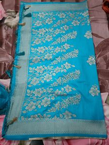 Blue Saree With Silver Print And Border