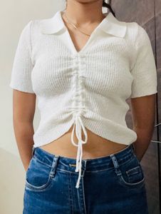White Knit Polo Top