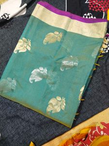 Teal Saree with Leaf Print