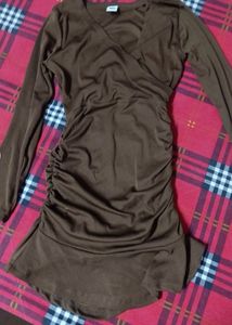 Brown Ribbed Ruffle Mini Dress