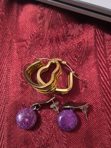 Earrings - Gold Hoops & Purple Glitter Drops
