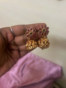 Golden Jhumka With Red Stone