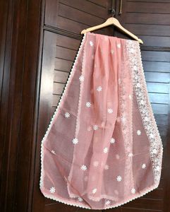 Women Peach Cotton Mix Chikankari Work Suit