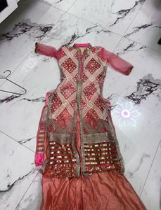 Peach &amp; Pink Heavy Embroidered Sharara Set | Festi