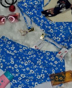 Blue Floral High-Waisted Bikini Set