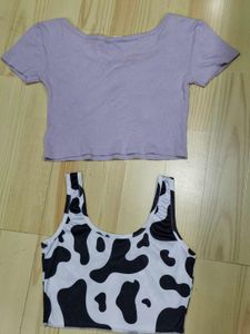 2 Trendy Crop Tops Cow Print &amp; Lavander