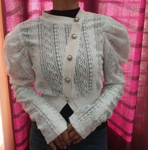 Korean White Lace Puff Sleeve Top