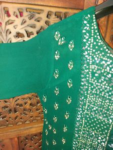 Beautiful Bottle Green Mirror Work  Suit With Umbrella Plazo And Dupatta