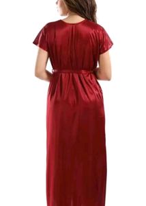 Women Red Satin Lace Nighty With Robe