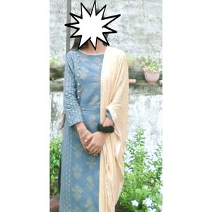 Blue & Gold Print Kurti Set
