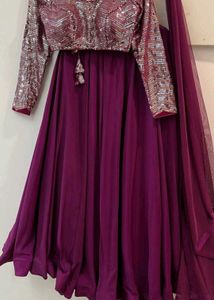 Maroon Embellished Crop Top and Skirt