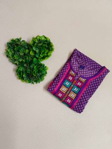 Purple Cotton Printed Kurta with Embroidered Yoke