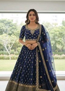 royal blue mirror work semi stitch bridal lengha