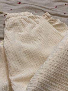 Cream Ribbed Knit Wide Leg Pants