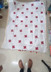 White And Red Swastik Print Saree