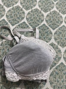 Gray Lace Trim Padded Bra, Bust- 36 B