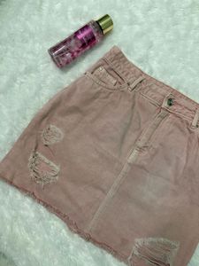 H&amp;M Pink Denim Distressed Skirt