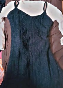 Black Sleeveless Woolen Dress With Free Inner Top