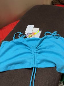 Blue Ribbed Tie-Front Crop Top