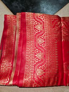 Bright Red Cotton Silk Blend Saree