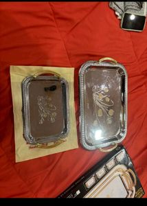 3 Steel Serving Tray With Golden Flower 🌼 Design
