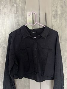 Black Cropped Button-Down Shirt