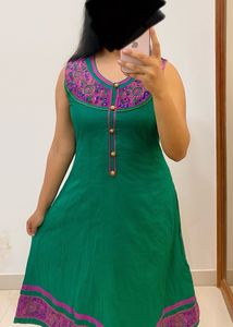 Green & Pink Embroidered Kurti