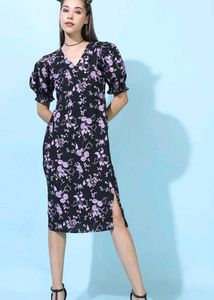 Floral Print Puff Sleeve Midi Dress